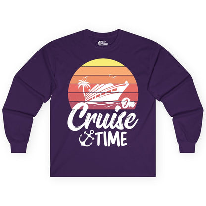 Cruise Time Shirt - Retro Sunset Cruise Vacation Apparel Tee (Long Sleeve) in Purple - Retro Sunset Cruise Ship Palm Tree Anchor - Cruise Time Shirt