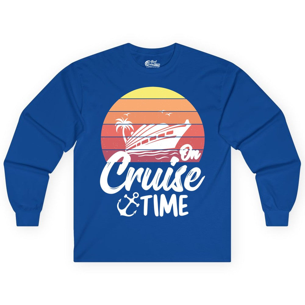 Cruise Time Shirt - Retro Sunset Cruise Vacation Apparel Tee (Long Sleeve) in Royal - Retro Sunset Cruise Ship Palm Tree Anchor - Cruise Time Shirt