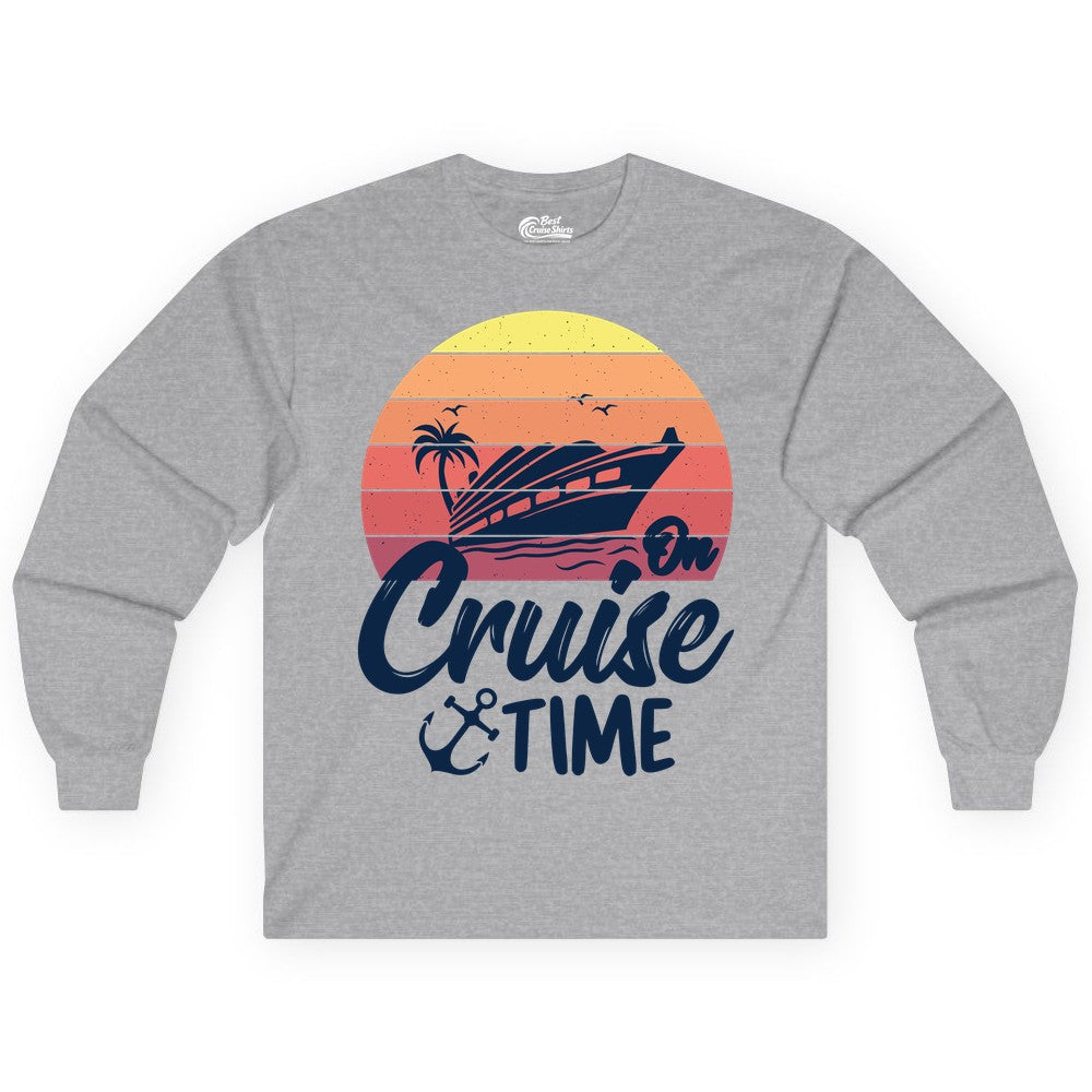 Cruise Time Shirt - Retro Sunset Cruise Vacation Apparel Tee (Long Sleeve) in Sport Grey - Retro Sunset Cruise Ship Palm Tree Anchor - Cruise Time Shirt