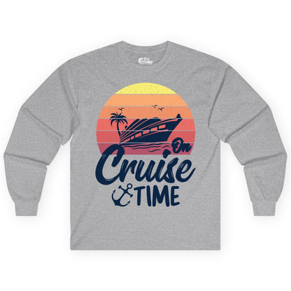 Cruise Time Shirt - Retro Sunset Cruise Vacation Apparel Tee (Long Sleeve) in Sport Grey - Retro Sunset Cruise Ship Palm Tree Anchor - Cruise Time Shirt