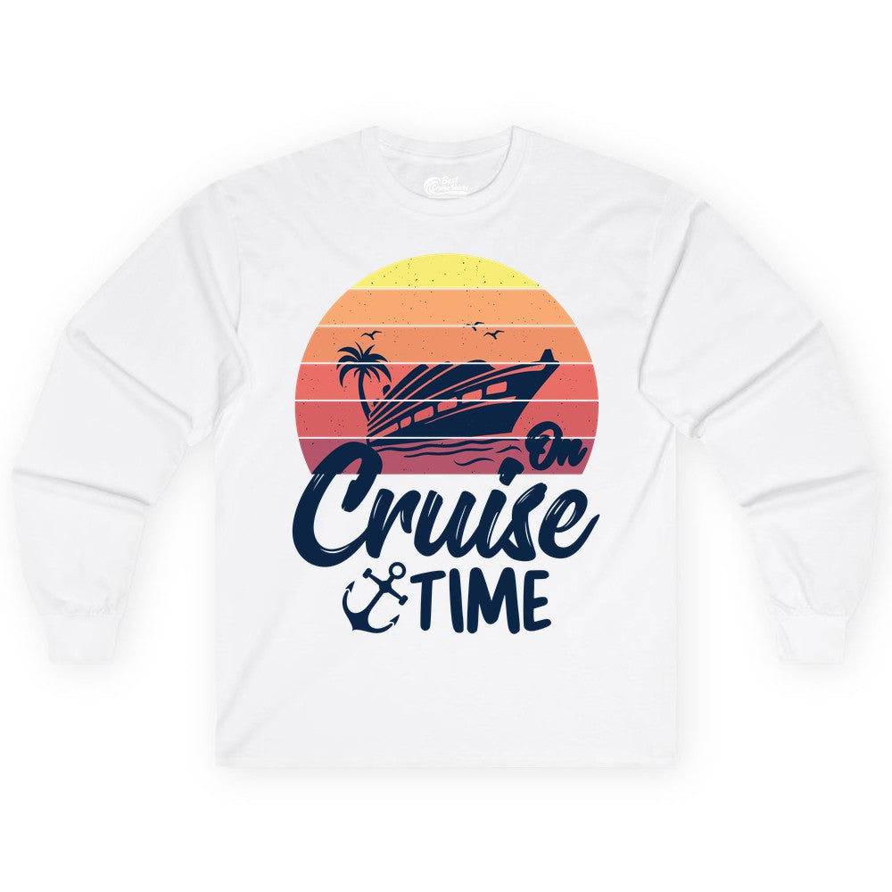 Cruise Time Shirt - Retro Sunset Cruise Vacation Apparel Tee (Long Sleeve) in White - Retro Sunset Cruise Ship Palm Tree Anchor - Cruise Time Shirt