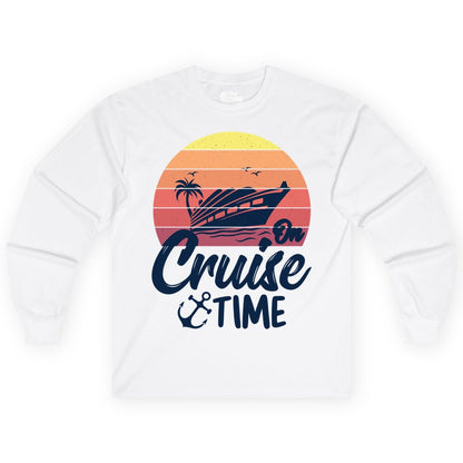 Cruise Time Shirt - Retro Sunset Cruise Vacation Apparel Tee (Long Sleeve) in White - Retro Sunset Cruise Ship Palm Tree Anchor - Cruise Time Shirt