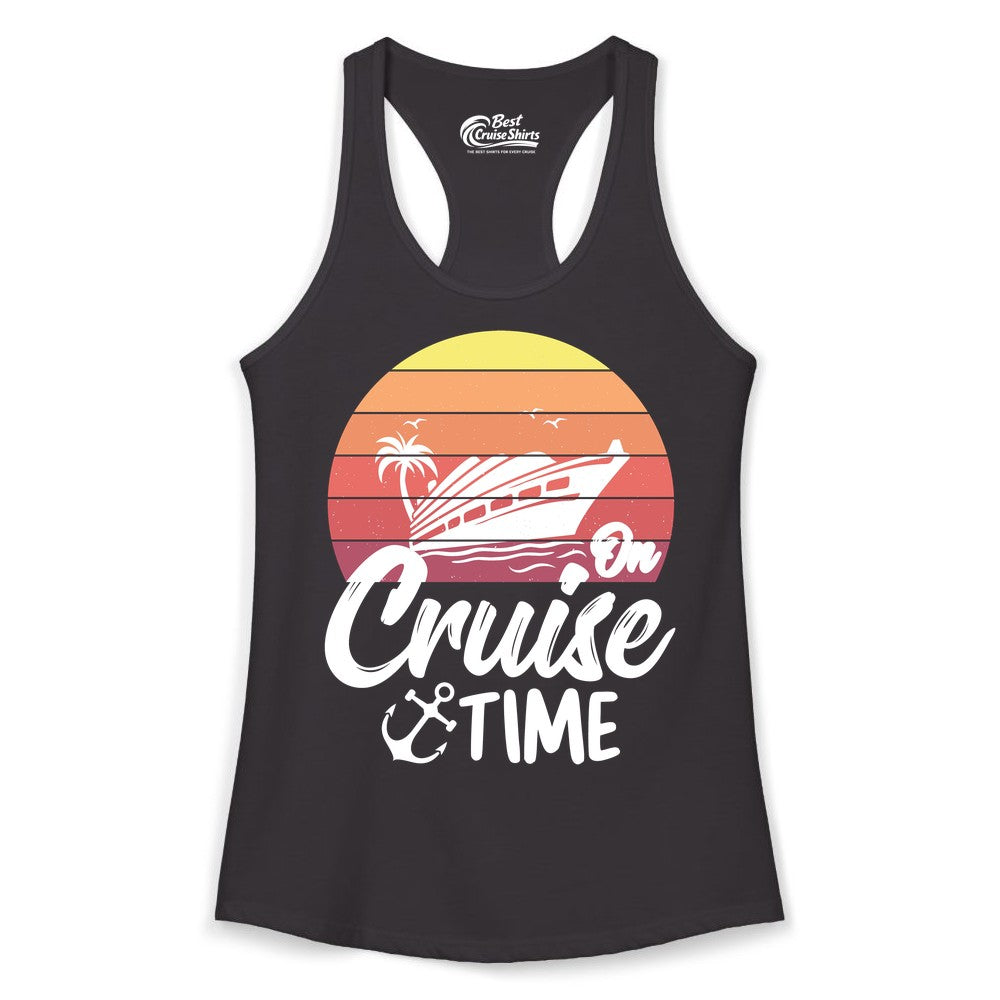 Cruise Time Shirt - Retro Sunset Cruise Vacation Apparel Tee (Ladies Tank) in Black - Retro Sunset Cruise Ship Palm Tree Anchor - Cruise Time Shirt