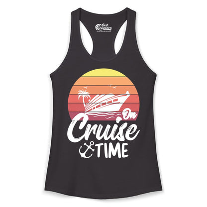 Cruise Time Shirt - Retro Sunset Cruise Vacation Apparel Tee (Ladies Tank) in Black - Retro Sunset Cruise Ship Palm Tree Anchor - Cruise Time Shirt