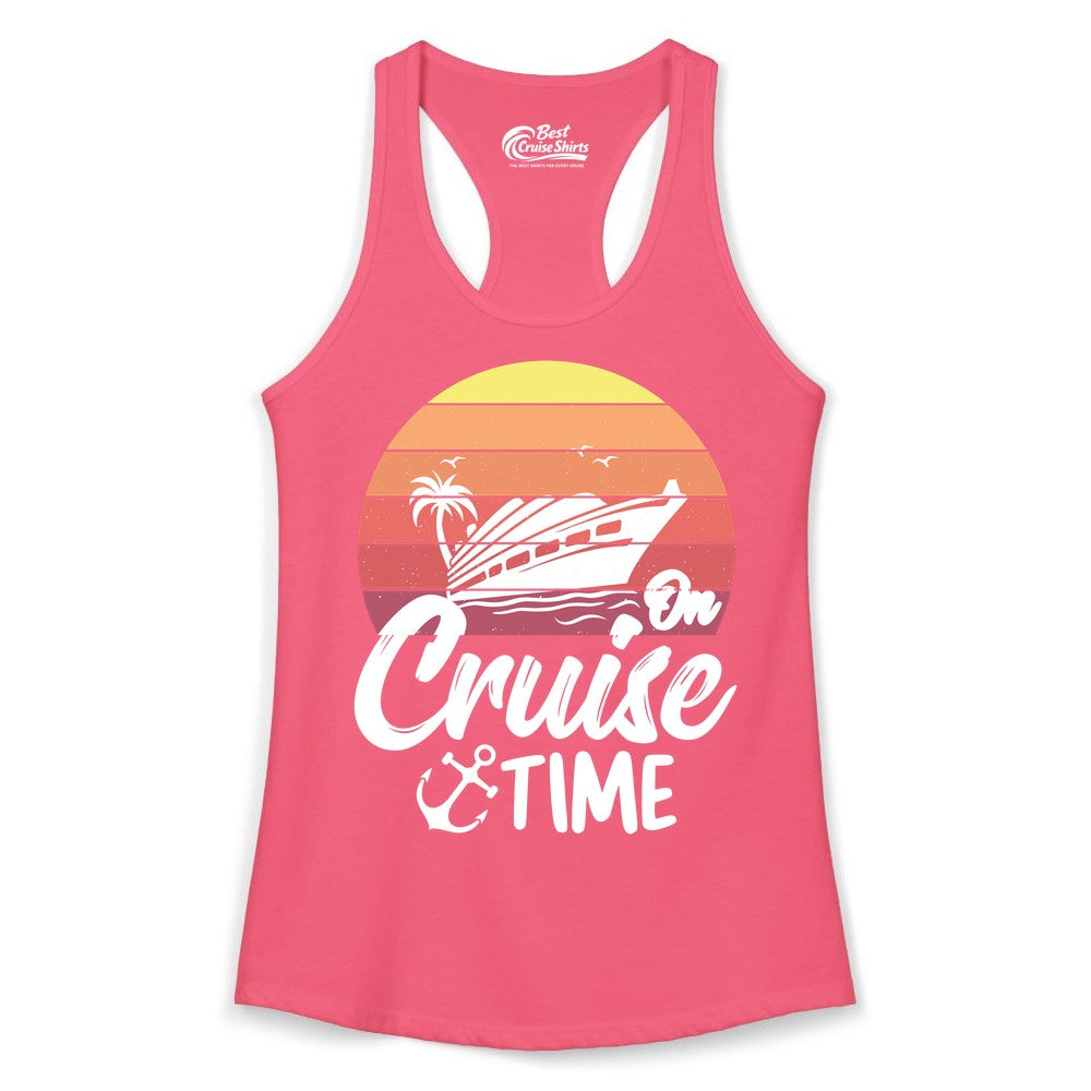 Cruise Time Shirt - Retro Sunset Cruise Vacation Apparel Tee (Ladies Tank) in Hot Pink - Retro Sunset Cruise Ship Palm Tree Anchor - Cruise Time Shirt