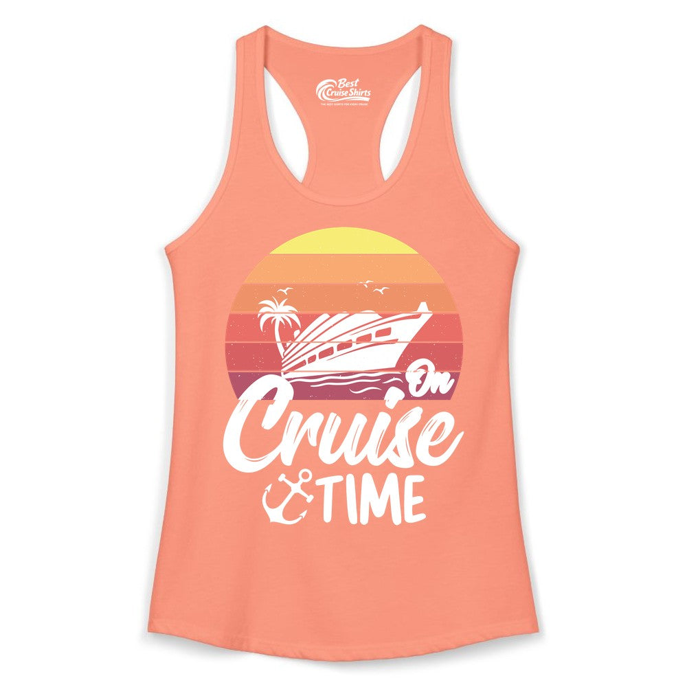 Cruise Time Shirt - Retro Sunset Cruise Vacation Apparel Tee (Ladies Tank) in Solid Light Orange - Retro Sunset Cruise Ship Palm Tree Anchor - Cruise Time Shirt