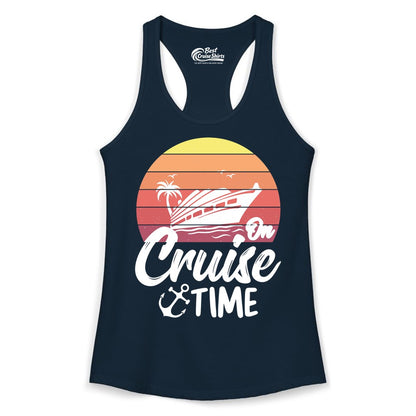 Cruise Time Shirt - Retro Sunset Cruise Vacation Apparel Tee (Ladies Tank) in Solid Midnight Navy - Retro Sunset Cruise Ship Palm Tree Anchor - Cruise Time Shirt