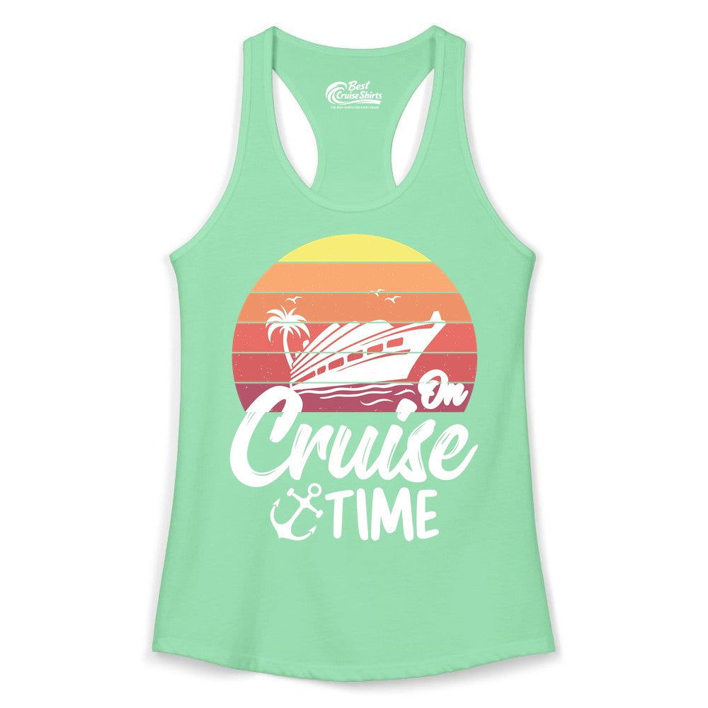 Cruise Time Shirt - Retro Sunset Cruise Vacation Apparel Tee (Ladies Tank) in Solid Mint - Retro Sunset Cruise Ship Palm Tree Anchor - Cruise Time Shirt