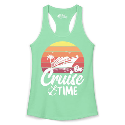 Cruise Time Shirt - Retro Sunset Cruise Vacation Apparel Tee (Ladies Tank) in Solid Mint - Retro Sunset Cruise Ship Palm Tree Anchor - Cruise Time Shirt