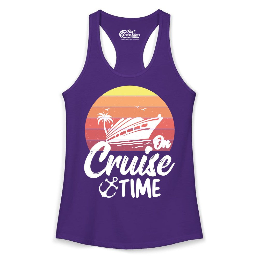 Cruise Time Shirt - Retro Sunset Cruise Vacation Apparel Tee (Ladies Tank) in Solid Purple Rush - Retro Sunset Cruise Ship Palm Tree Anchor - Cruise Time Shirt