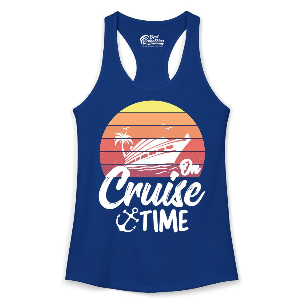 Cruise Time Shirt - Retro Sunset Cruise Vacation Apparel Tee (Ladies Tank) in Solid Royal - Retro Sunset Cruise Ship Palm Tree Anchor - Cruise Time Shirt