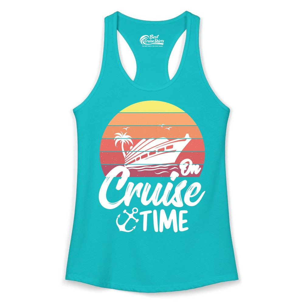 Cruise Time Shirt - Retro Sunset Cruise Vacation Apparel Tee (Ladies Tank) in Tahiti Blue - Retro Sunset Cruise Ship Palm Tree Anchor - Cruise Time Shirt
