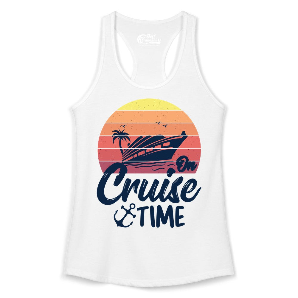 Cruise Time Shirt - Retro Sunset Cruise Vacation Apparel Tee (Ladies Tank) in White - Retro Sunset Cruise Ship Palm Tree Anchor - Cruise Time Shirt
