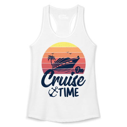 Cruise Time Shirt - Retro Sunset Cruise Vacation Apparel Tee (Ladies Tank) in White - Retro Sunset Cruise Ship Palm Tree Anchor - Cruise Time Shirt
