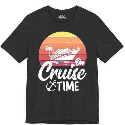 Cruise Time Shirt - Retro Sunset Cruise Vacation Apparel Tee (Premium Tee) in Dark Grey Heather - Retro Sunset Cruise Ship Palm Tree Anchor - Cruise Time Shirt