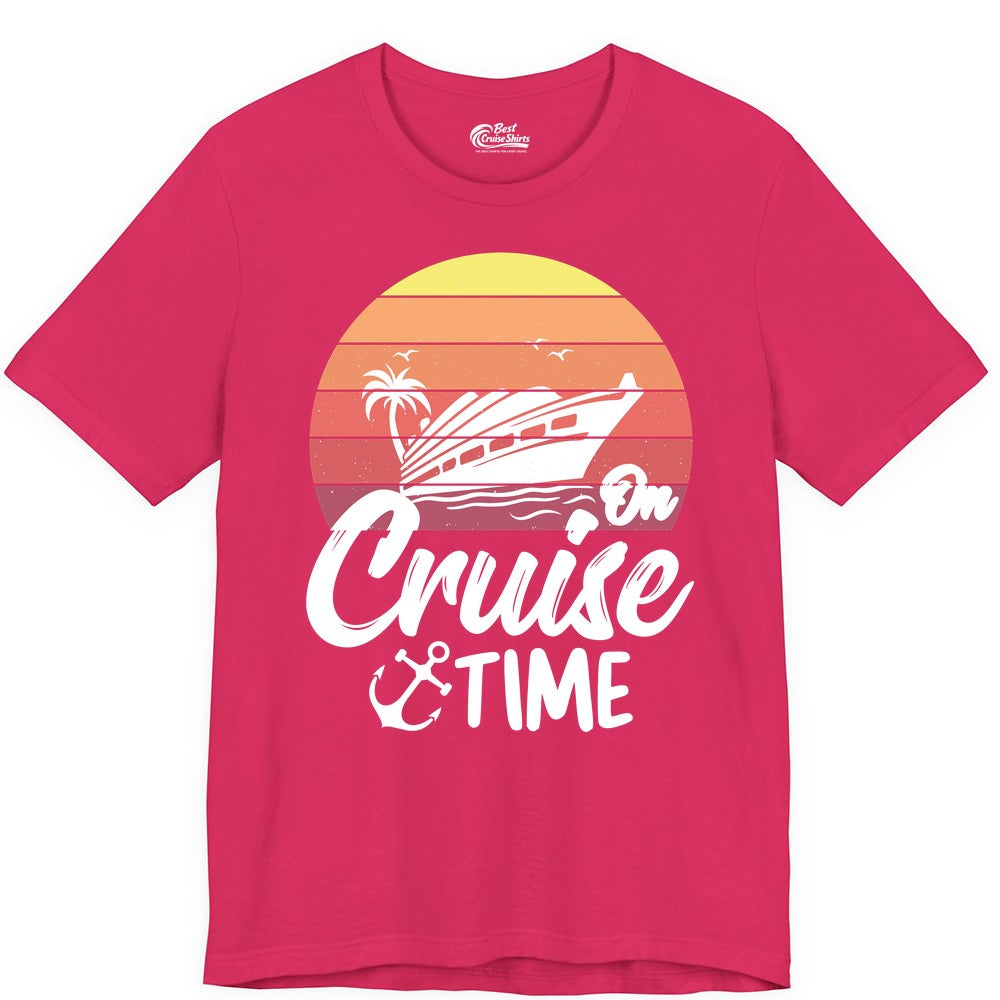 Cruise Time Shirt - Retro Sunset Cruise Vacation Apparel Tee (Premium Tee) in Fuchsia - Retro Sunset Cruise Ship Palm Tree Anchor - Cruise Time Shirt