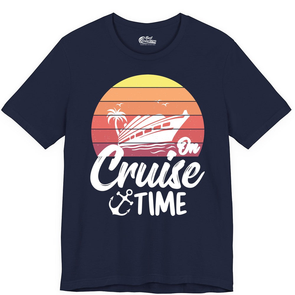 Cruise Time Shirt - Retro Sunset Cruise Vacation Apparel Tee (Premium Tee) in Navy - Retro Sunset Cruise Ship Palm Tree Anchor - Cruise Time Shirt