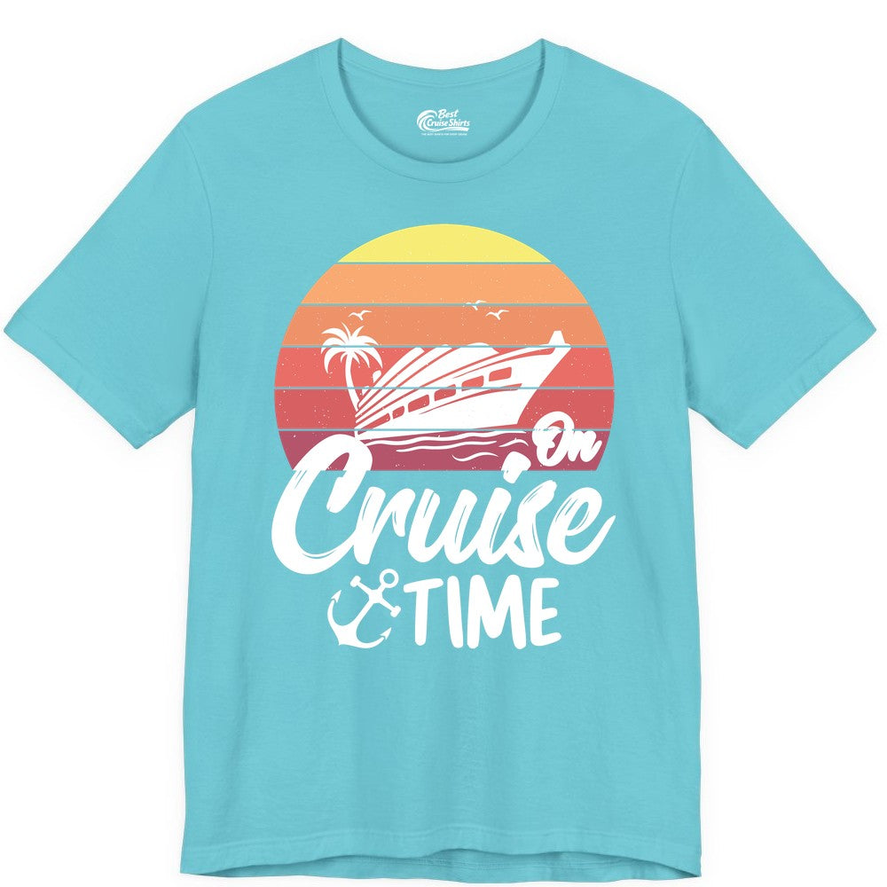 Cruise Time Shirt - Retro Sunset Cruise Vacation Apparel Tee (Premium Tee) in Turquoise - Retro Sunset Cruise Ship Palm Tree Anchor - Cruise Time Shirt