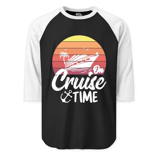 Cruise Time Shirt - Retro Sunset Cruise Vacation Apparel Tee (Raglan) in BlackWhite - Retro Sunset Cruise Ship Palm Tree Anchor - Cruise Time Shirt