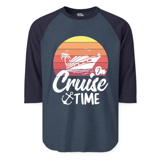 Cruise Time Shirt - Retro Sunset Cruise Vacation Apparel Tee (Raglan) in Heather DenimNavy - Retro Sunset Cruise Ship Palm Tree Anchor - Cruise Time Shirt