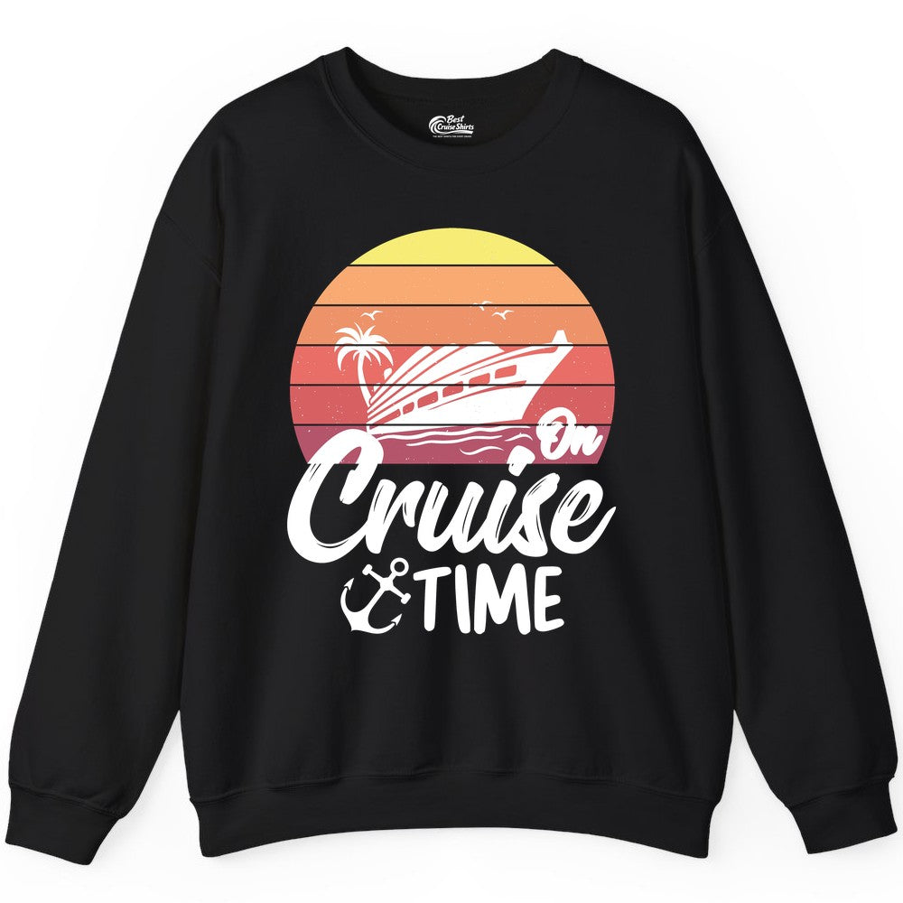 Cruise Time Shirt - Retro Sunset Cruise Vacation Apparel Tee (Sweatshirt) in Black - Retro Sunset Cruise Ship Palm Tree Anchor - Cruise Time Shirt