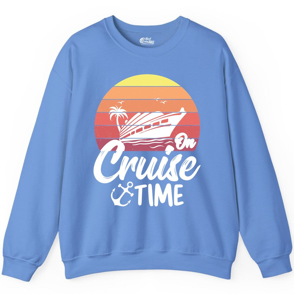 Cruise Time Shirt - Retro Sunset Cruise Vacation Apparel Tee (Sweatshirt) in Carolina Blue - Retro Sunset Cruise Ship Palm Tree Anchor - Cruise Time Shirt