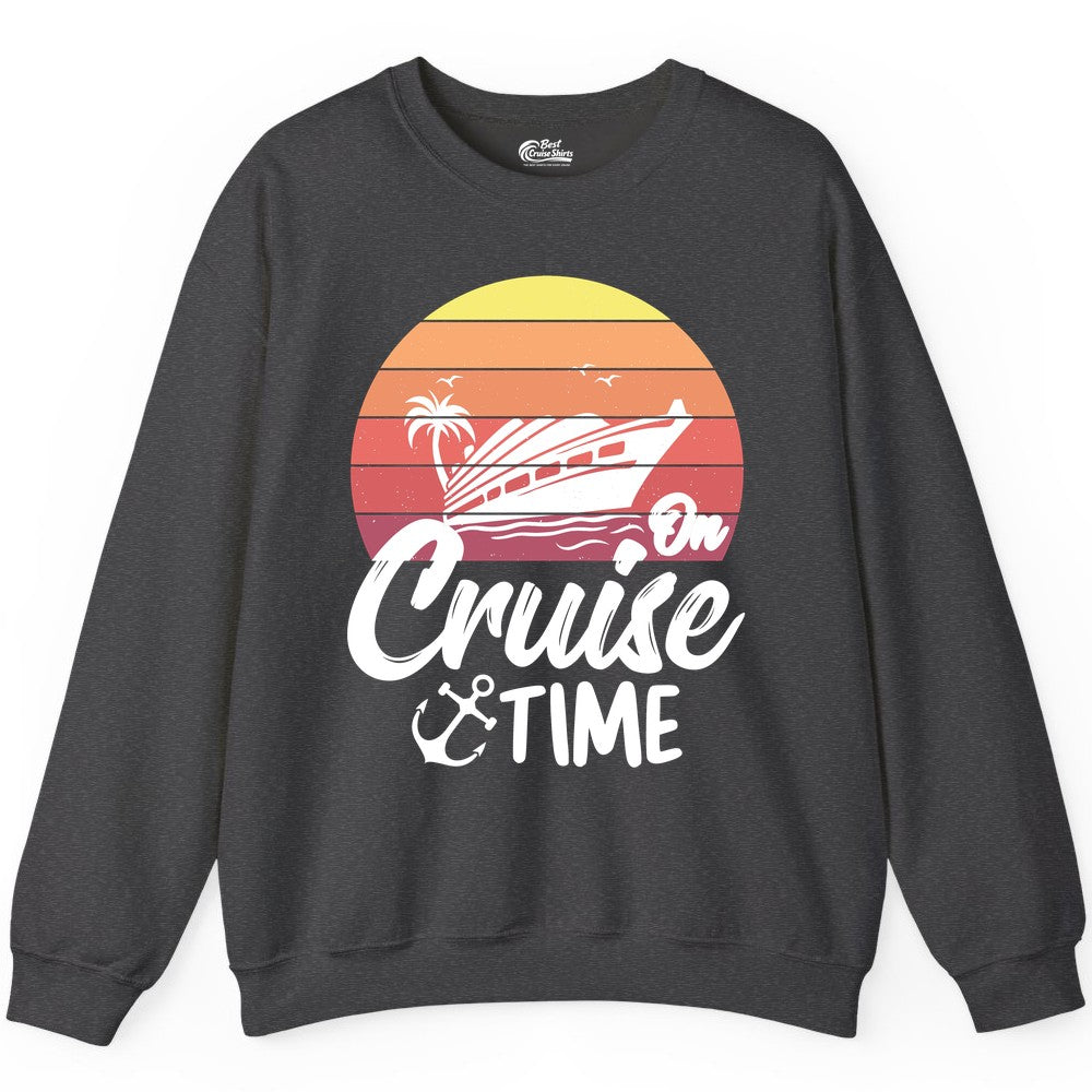 Cruise Time Shirt - Retro Sunset Cruise Vacation Apparel Tee (Sweatshirt) in Dark Heather - Retro Sunset Cruise Ship Palm Tree Anchor - Cruise Time Shirt