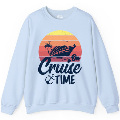 Cruise Time Shirt - Retro Sunset Cruise Vacation Apparel Tee (Sweatshirt) in Light Blue - Retro Sunset Cruise Ship Palm Tree Anchor - Cruise Time Shirt