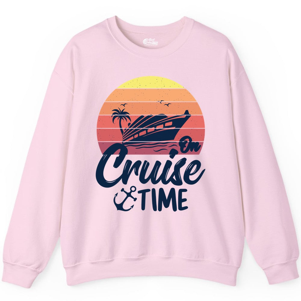 Cruise Time Shirt - Retro Sunset Cruise Vacation Apparel Tee (Sweatshirt) in Light Pink - Retro Sunset Cruise Ship Palm Tree Anchor - Cruise Time Shirt
