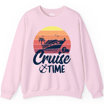 Cruise Time Shirt - Retro Sunset Cruise Vacation Apparel Tee (Sweatshirt) in Light Pink - Retro Sunset Cruise Ship Palm Tree Anchor - Cruise Time Shirt
