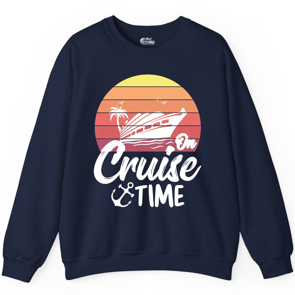Cruise Time Shirt - Retro Sunset Cruise Vacation Apparel Tee (Sweatshirt) in Navy - Retro Sunset Cruise Ship Palm Tree Anchor - Cruise Time Shirt