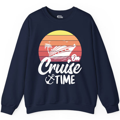 Cruise Time Shirt - Retro Sunset Cruise Vacation Apparel Tee (Sweatshirt) in Navy - Retro Sunset Cruise Ship Palm Tree Anchor - Cruise Time Shirt