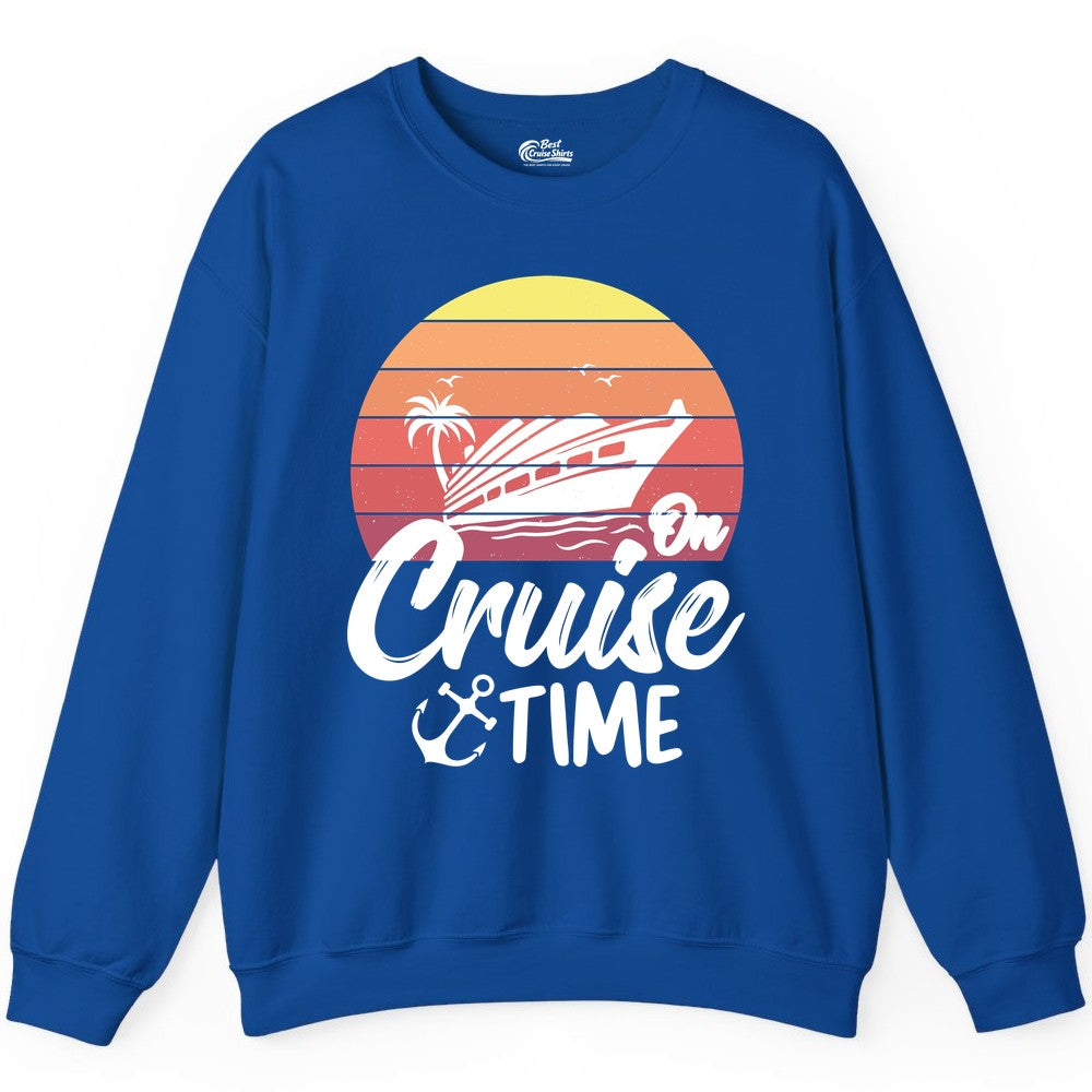 Cruise Time Shirt - Retro Sunset Cruise Vacation Apparel Tee (Sweatshirt) in Royal - Retro Sunset Cruise Ship Palm Tree Anchor - Cruise Time Shirt