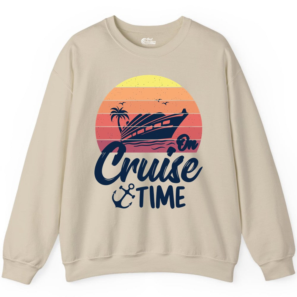 Cruise Time Shirt - Retro Sunset Cruise Vacation Apparel Tee (Sweatshirt) in Sand - Retro Sunset Cruise Ship Palm Tree Anchor - Cruise Time Shirt