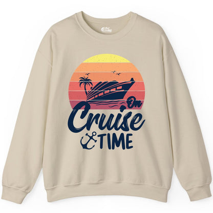 Cruise Time Shirt - Retro Sunset Cruise Vacation Apparel Tee (Sweatshirt) in Sand - Retro Sunset Cruise Ship Palm Tree Anchor - Cruise Time Shirt