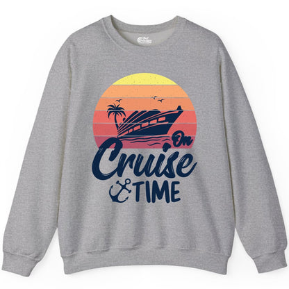 Cruise Time Shirt - Retro Sunset Cruise Vacation Apparel Tee (Sweatshirt) in Sport Grey - Retro Sunset Cruise Ship Palm Tree Anchor - Cruise Time Shirt