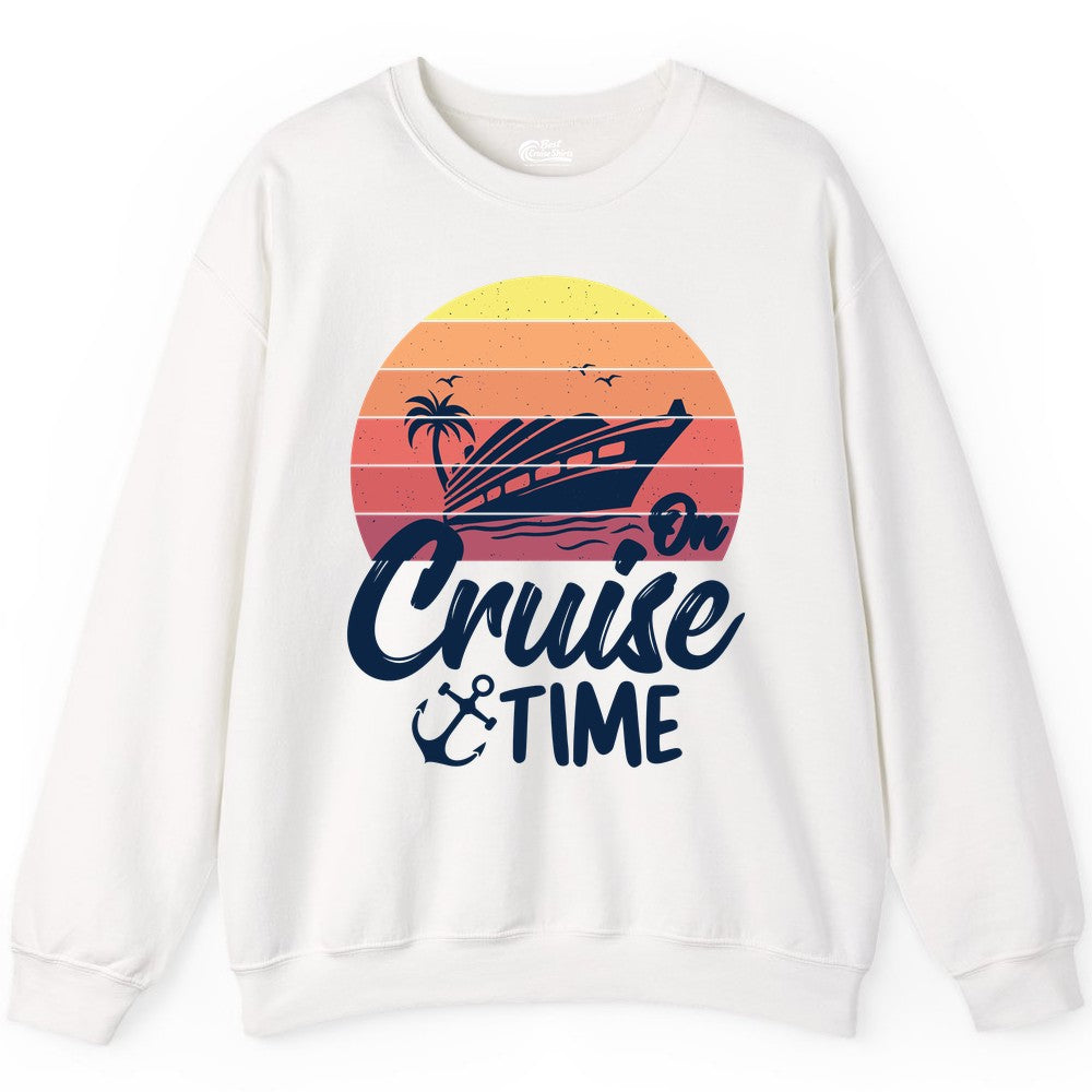 Cruise Time Shirt - Retro Sunset Cruise Vacation Apparel Tee (Sweatshirt) in White - Retro Sunset Cruise Ship Palm Tree Anchor - Cruise Time Shirt