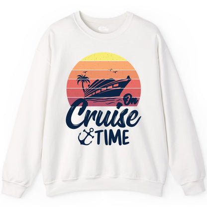 Cruise Time Shirt - Retro Sunset Cruise Vacation Apparel Tee (Sweatshirt) in White - Retro Sunset Cruise Ship Palm Tree Anchor - Cruise Time Shirt