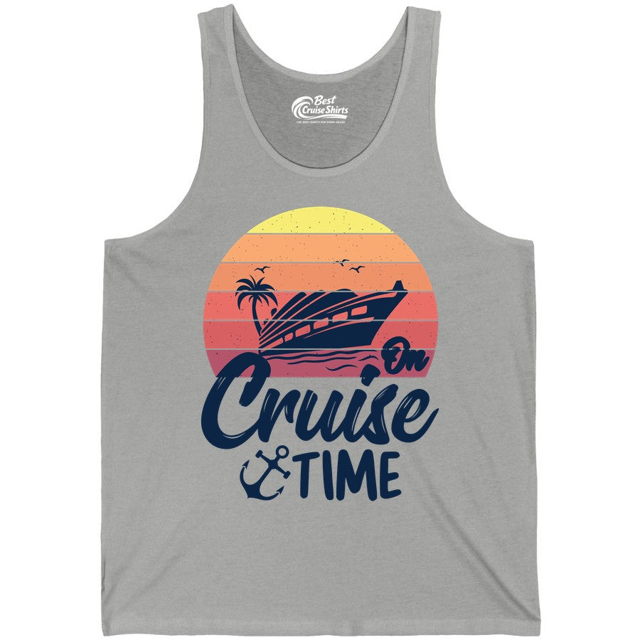 Cruise Time Shirt - Retro Sunset Cruise Vacation Apparel Tee (Tank Top) in Athletic Heather - Retro Sunset Cruise Ship Palm Tree Anchor - Cruise Time Shirt