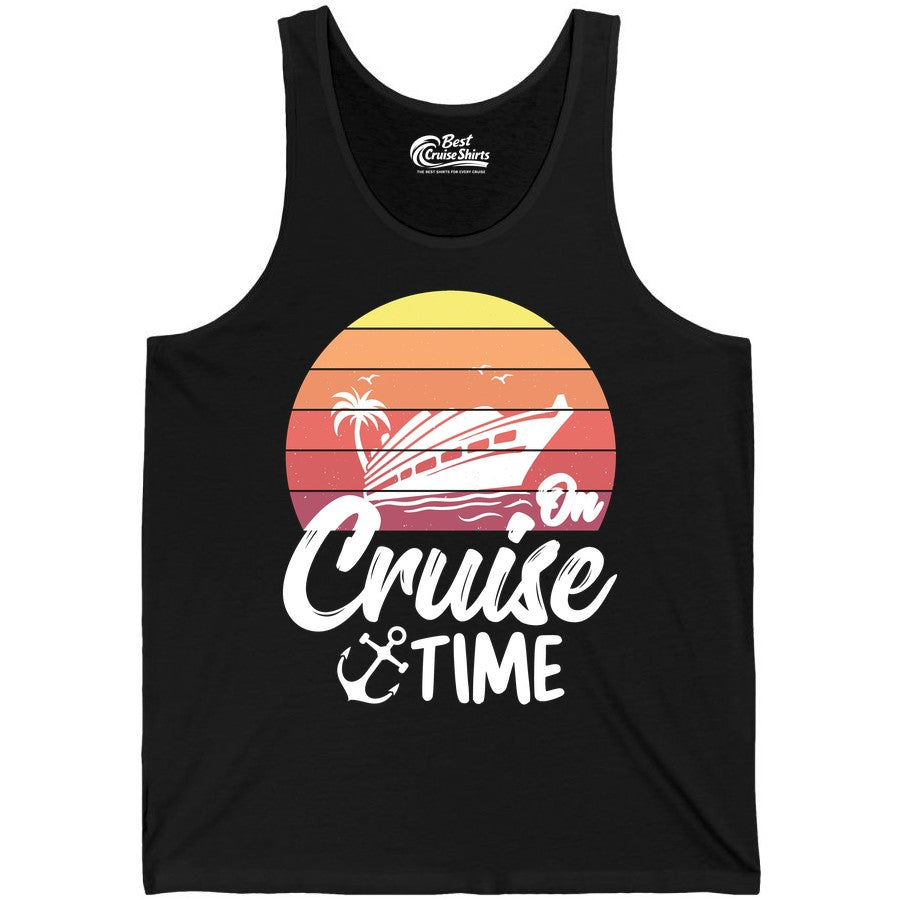 Cruise Time Shirt - Retro Sunset Cruise Vacation Apparel Tee (Tank Top) in Black - Retro Sunset Cruise Ship Palm Tree Anchor - Cruise Time Shirt