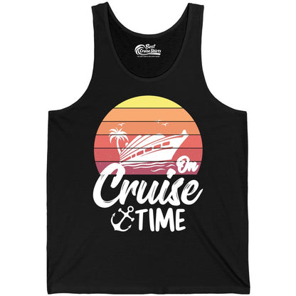 Cruise Time Shirt - Retro Sunset Cruise Vacation Apparel Tee (Tank Top) in Black - Retro Sunset Cruise Ship Palm Tree Anchor - Cruise Time Shirt