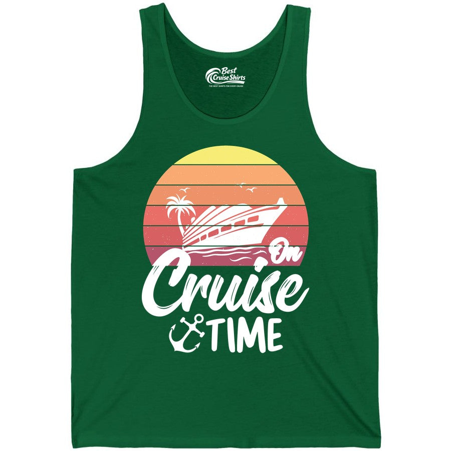 Cruise Time Shirt - Retro Sunset Cruise Vacation Apparel Tee (Tank Top) in Kelly - Retro Sunset Cruise Ship Palm Tree Anchor - Cruise Time Shirt