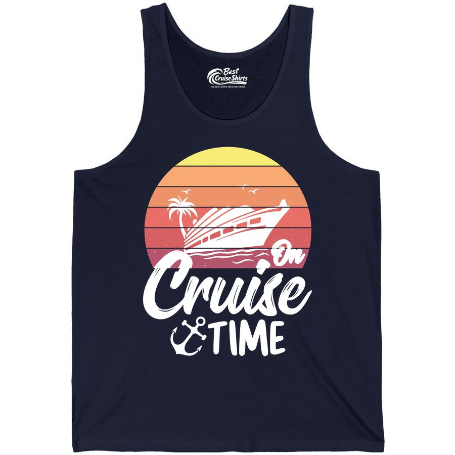 Cruise Time Shirt - Retro Sunset Cruise Vacation Apparel Tee (Tank Top) in Navy - Retro Sunset Cruise Ship Palm Tree Anchor - Cruise Time Shirt