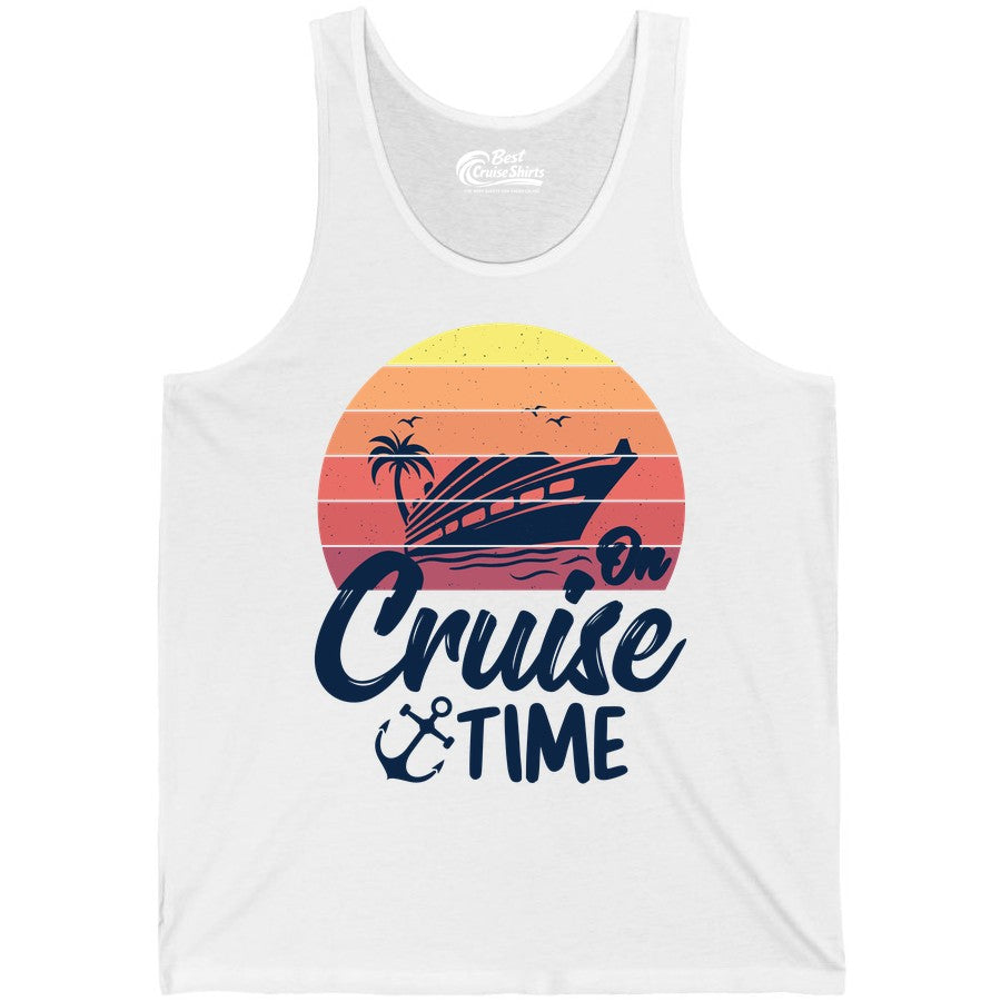 Cruise Time Shirt - Retro Sunset Cruise Vacation Apparel Tee (Tank Top) in White - Retro Sunset Cruise Ship Palm Tree Anchor - Cruise Time Shirt