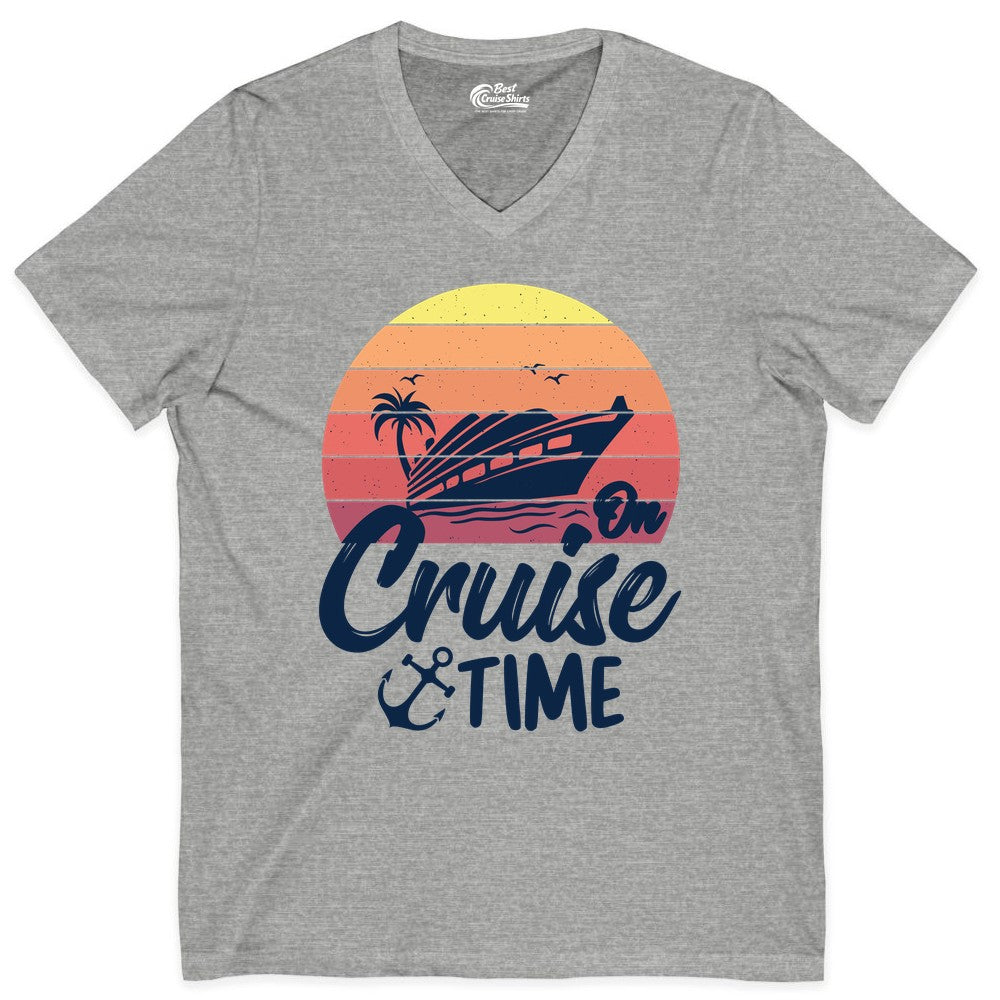 Cruise Time Shirt - Retro Sunset Cruise Vacation Apparel Tee (V-Neck) in Athletic Heather - Retro Sunset Cruise Ship Palm Tree Anchor - Cruise Time Shirt