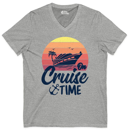 Cruise Time Shirt - Retro Sunset Cruise Vacation Apparel Tee (V-Neck) in Athletic Heather - Retro Sunset Cruise Ship Palm Tree Anchor - Cruise Time Shirt