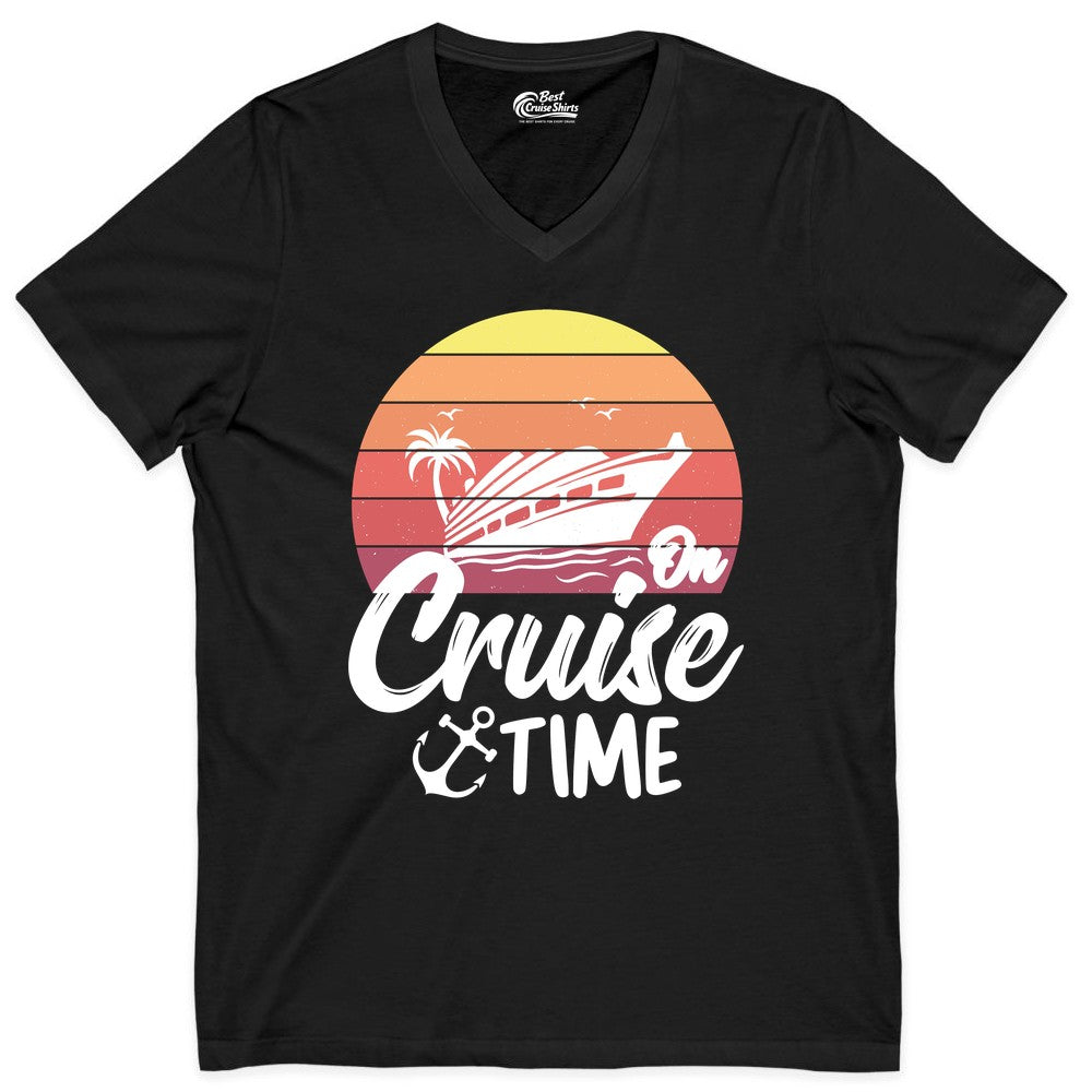 Cruise Time Shirt - Retro Sunset Cruise Vacation Apparel Tee (V-Neck) in Black - Retro Sunset Cruise Ship Palm Tree Anchor - Cruise Time Shirt