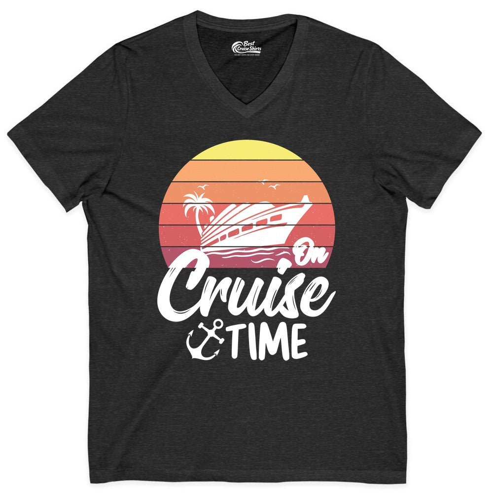 Cruise Time Shirt - Retro Sunset Cruise Vacation Apparel Tee (V-Neck) in Dark Grey Heather - Retro Sunset Cruise Ship Palm Tree Anchor - Cruise Time Shirt