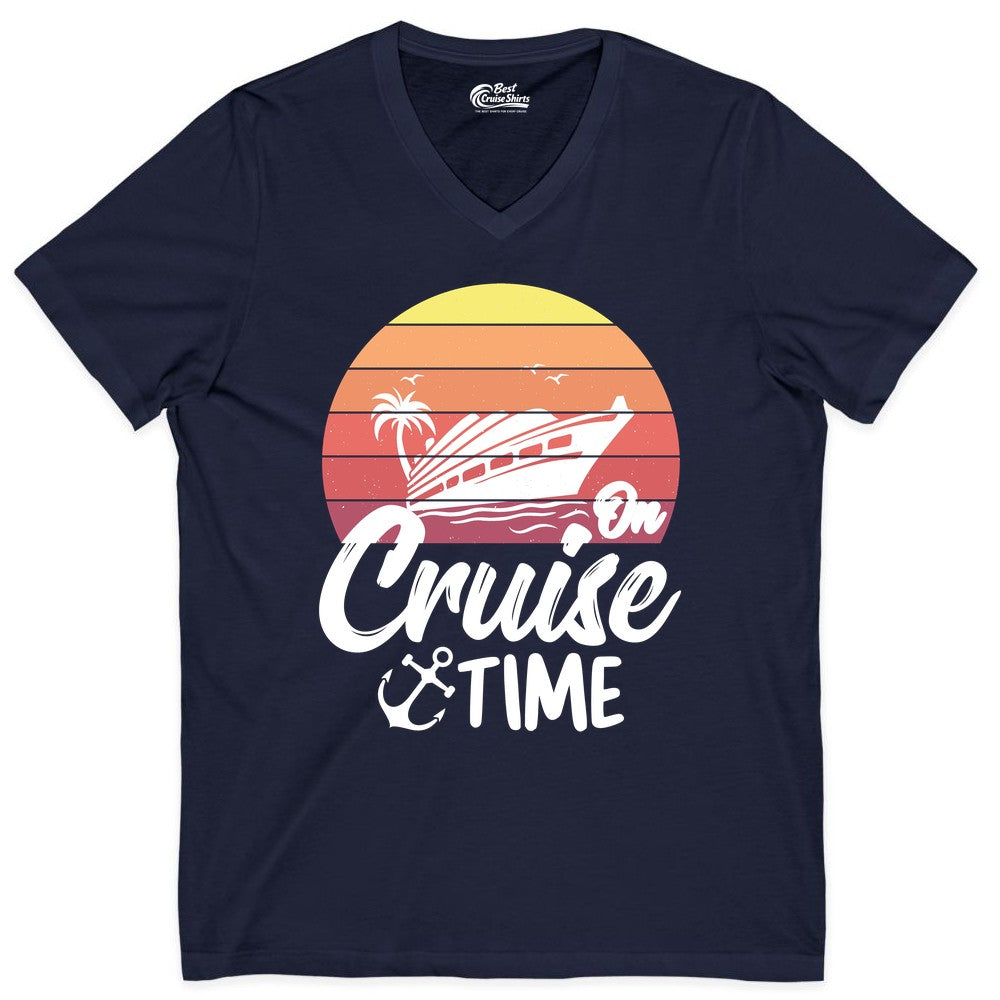 Cruise Time Shirt - Retro Sunset Cruise Vacation Apparel Tee (V-Neck) in Navy - Retro Sunset Cruise Ship Palm Tree Anchor - Cruise Time Shirt