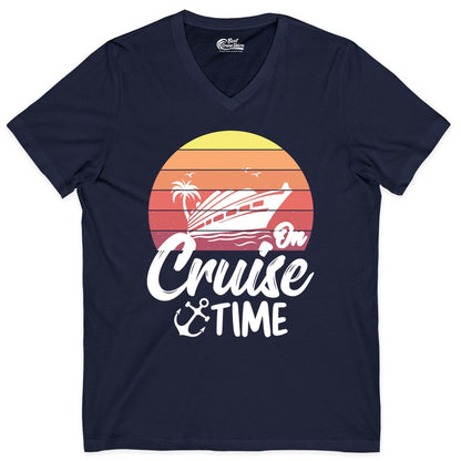 Cruise Time Shirt - Retro Sunset Cruise Vacation Apparel Tee (V-Neck) in Navy - Retro Sunset Cruise Ship Palm Tree Anchor - Cruise Time Shirt